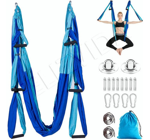 Columpio De Yoga Aéreo Azul Set Hamaca Yoga Trapecio Sling