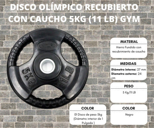 Disco Olímpico Recubierto Con Caucho 5kg (1 Pulgada)