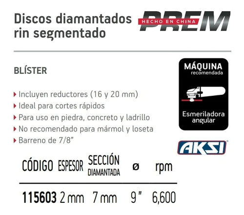 Disco Diamantado Aksi 115603 Rin Segmentado 9 In 2.7mm