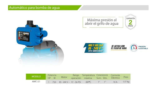 Presurizador Control Automático Bomba 17-36psi Igoto Amc-10