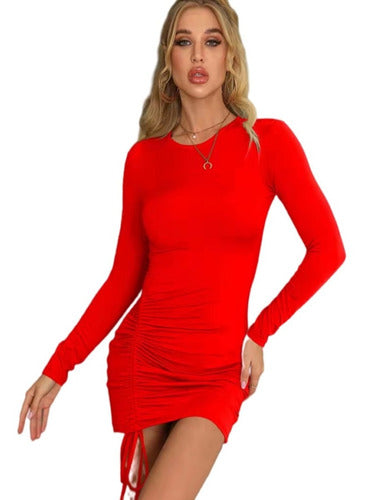 Vestido Ajustado Con Cordón Rojo Con Volantes Para Mujer