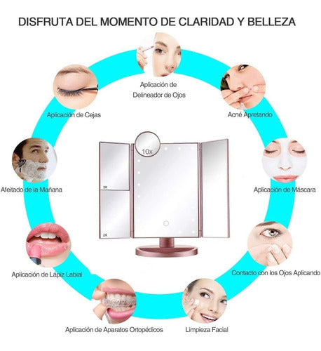 Espejo De Maquillaje Usb Luz Triptica Aumentos 10x/3x/2x/1x