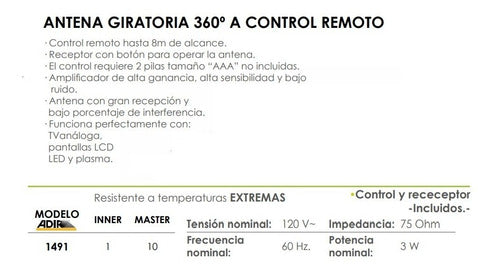 Antena Giratoria 360° Control Remoto 120 V Adir 1491