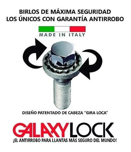 Birlos Seguridad Fiat 500 09-20 Galaxylock 12x1.25 Cbza Loca
