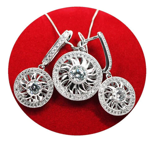 Set Collar Cadena Dije Aretes Rehilete Diamantes Oro18k Dama