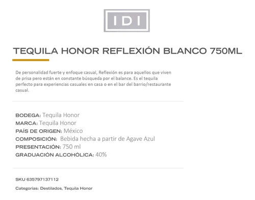 Tequila Blanco Honor Reflexion 750 Ml