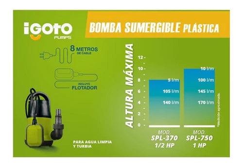 Bomba Sumergible De Plastico 1 Hp Igoto Spl750