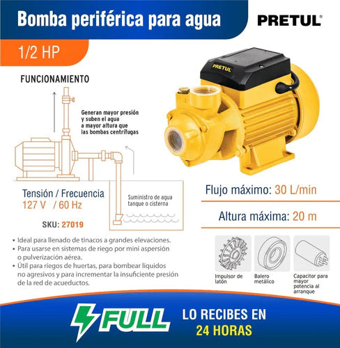 Bomba Agua Periferica 1/2 Hp Bobina Aluminio Pretul 27019