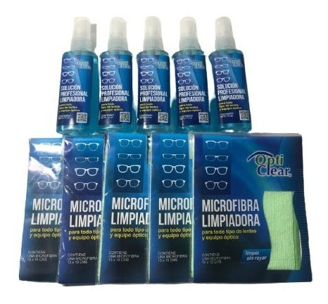 5 Líquidos Para Limpiar Lentes Opticlear + 5 Microfibras