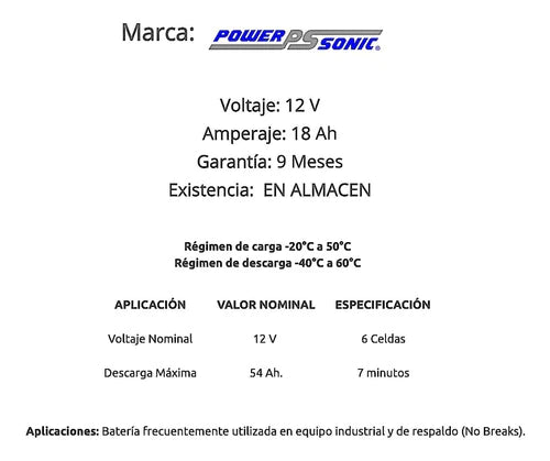 Ps-12180 12 Voltios 18 Ampers  Power Sonic