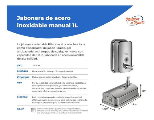 Jabonera Dispensador Gel 1l Premium Acero Inox Rellenable