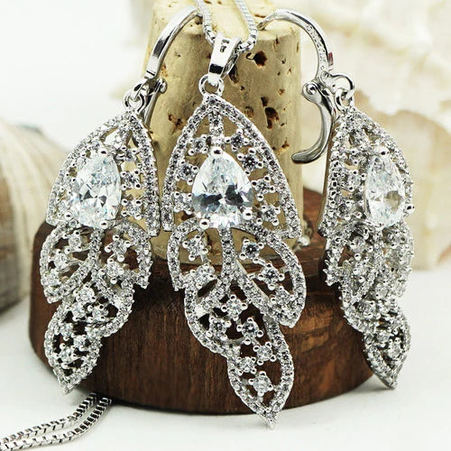 Set Aretes Collar Cadena Dije Colgante Hoja Diamantes Oro18k