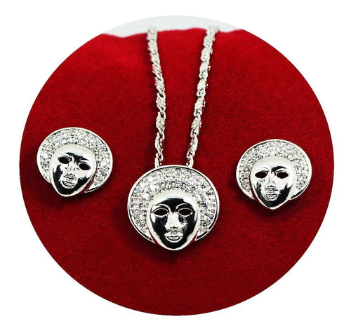 Set Collar Cadena Dije Arete Pendiente Afro Diamante Oro 18k