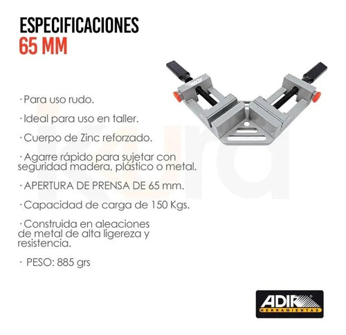 Prensa De Metal Esquinera 2 Piezas Apertura 65mm Adir 1037
