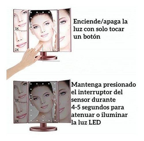 Espejo Maquillaje Plegable Con Luz Tríptica Aumentos 3x/2x