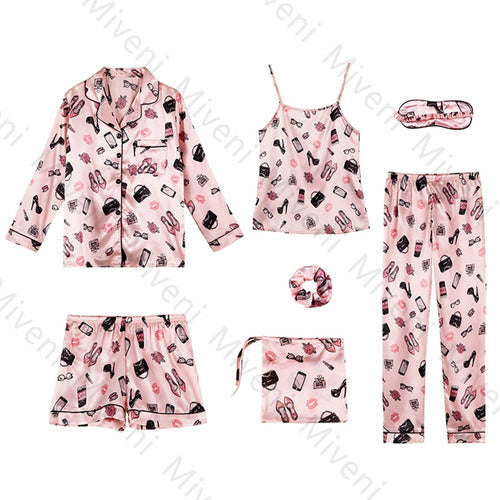 Pijamas De Seda Ropa Dormir Mujer Conjunto 7 Piezas Miveni