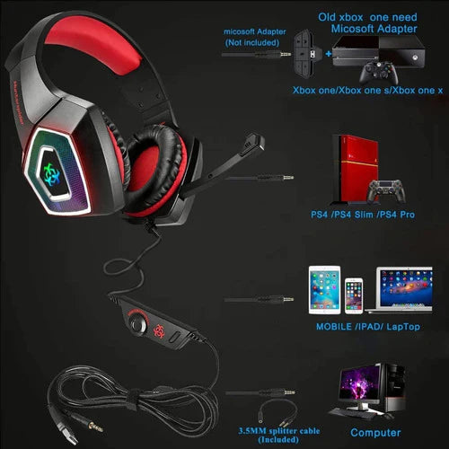 Audífonos Gamer V1 Negro Y Rojo Rgb Led Con Micrófono Xbox