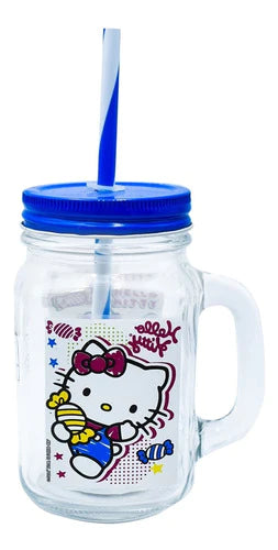 12 Vasos De Vidrio Mason Jar Hello Kitty Tapa Y Popote 450ml