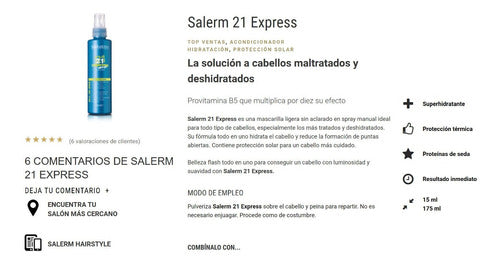 Kit Salerm 21® Tratamiento Express Reparador Cabello 3 Pzas