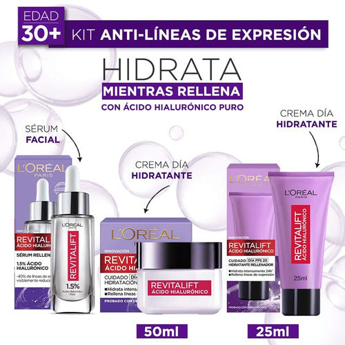 Kit Crema Día, Sérum Y Crema Mini  Ácido Hialurónico L'oréal