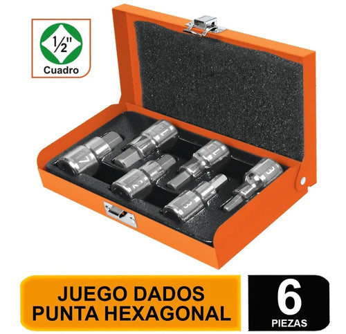 Juego Dados Punta Hexagonal, Cuadro 1/2 , 6 Piezas, Mm 13926