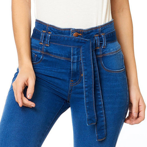 Jeans Mujer Push Up Con Cinto Cote Skinny Casual Azul