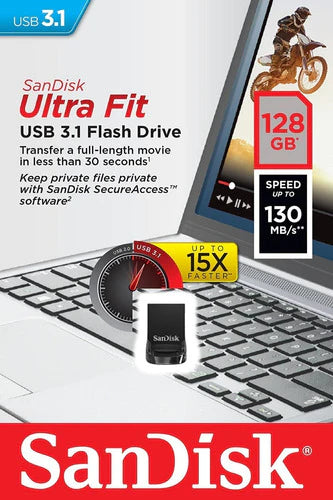 Memoria Usb 3.1 128gb Ultra Fit Sandisk 130mb/s Negr Compact