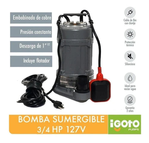 Bomba Sumergible Agua 3/4hp 17mt 218lpm Igoto Qdx10-12-0.55t