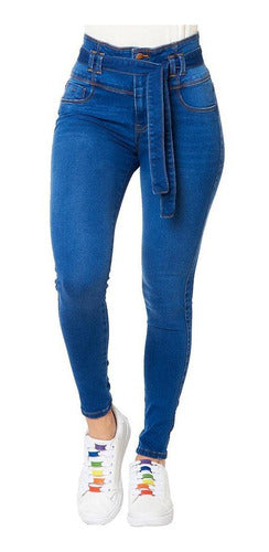 Jeans Mujer Push Up Con Cinto Cote Skinny Casual Azul