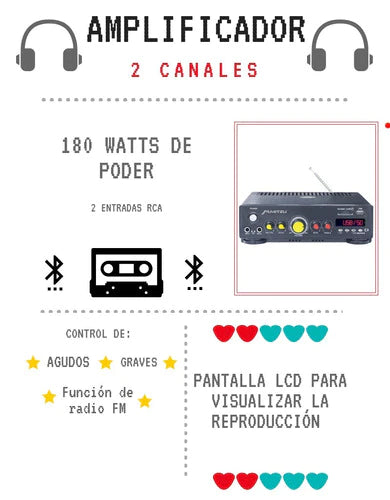 Amplificador De Audio 180 W Usb, Sd Y Mmc 2 Canales Radio Fm