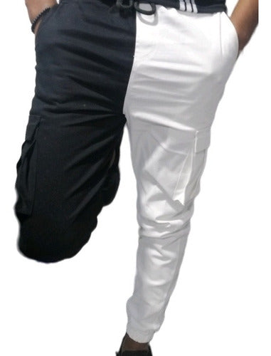Pantalón Jogger Tipo Cargo Hombre Bicolor Negro /blanco