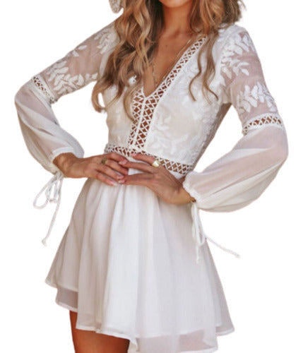 Vestido Blanco Corto Casual Encaje Playa Mujer M-037