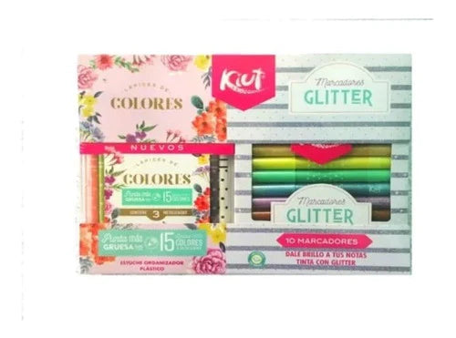 Kit: Kiut Lápices De Colores Marcadores/plumones Glitter