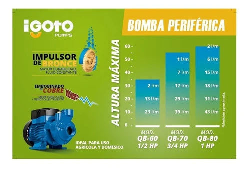 Bomba 3/4hp Alta Presion 55mts Igoto Qb70 Bobina De Cobre