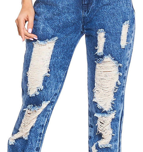 Jeans Mujer Mom Fit Destroyer Moda Casual Mezclilla Azul