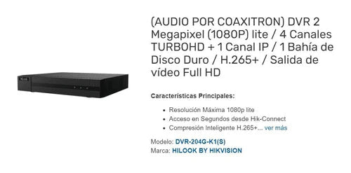 Dvr 2mp 1080p 4ch H265+ Audio Coaxitron Hilook Dvr-204g-k1(s