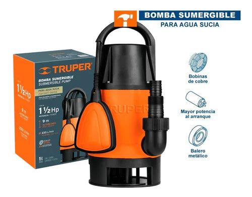 Bomba Sumergible Plástica Agua Sucia 1-1/2 Hp Truper 12604