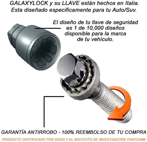Birlos Seguridad Fiat 500 09-20 Galaxylock 12x1.25 Cbza Loca