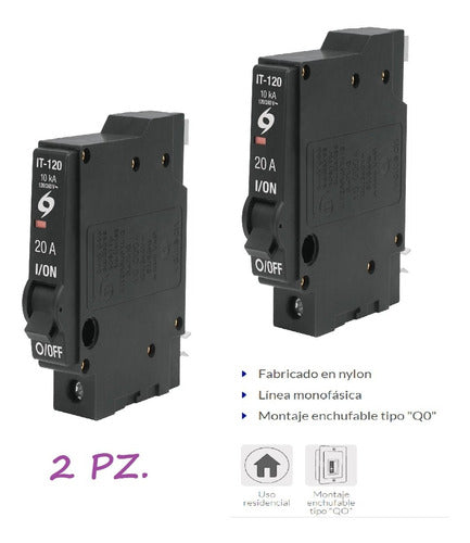 Pastilla Interruptor 1 Polo, 20 Amperes Termomagnético 2pzs.