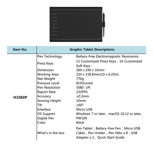 Tablet De Dibujo Huion H1060p Conector Micro Usb 12 Express
