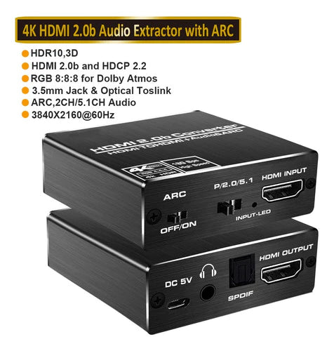 4k 60hz Hdmi 2.0 Divisor De Audio 5.1 Arc Extractor De Audio