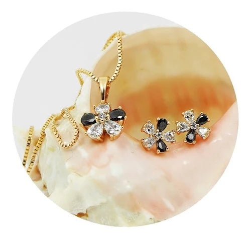 Set Collar Cadena Aretes Dije Flores Diamantes Ónixs Oro 18k
