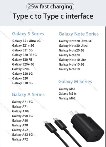Cargador Samsung 25w + Cable Usb C / S21 S20 A70 A71 A72 A90