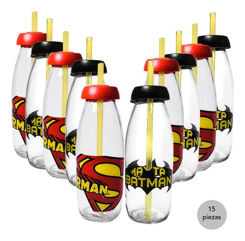 15 Vasos De Vidrio Mason Jar Superman Batman Tapa Y Popote