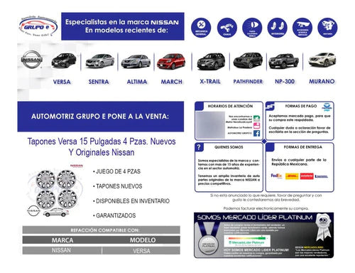 4 Tapones Nissan Versa 2012 Al 2019 15 Pulgadas Nuevos Orig