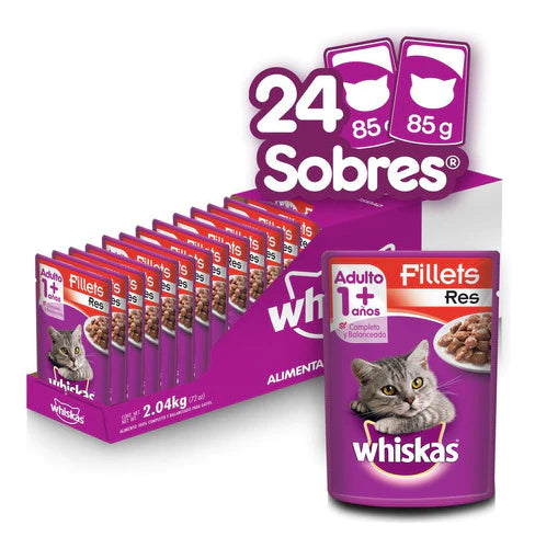 Whiskas, Alimento Gatos, Filetes De Res, 24ud 85g C/u
