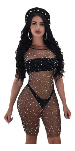Vestido Sexy De Malla Transparente Lentejuelas Playa M-334