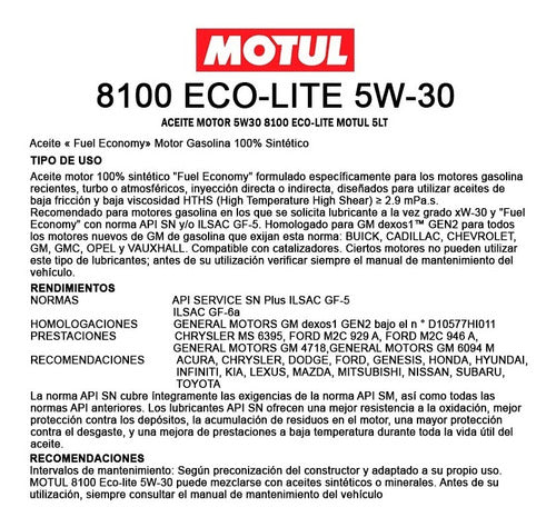Aceite SAE 5W30 para motores a gasolina, 1 litro. Motul, 8100 Eco-Lite Full  Sintético