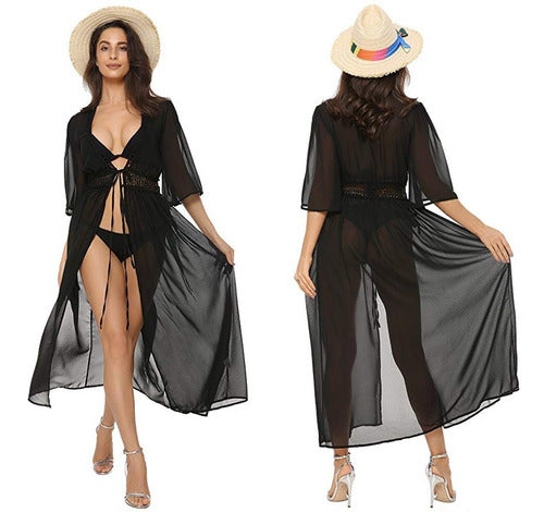 Salida De Playa Larga Tipo Vestido Pareo Cover Up Mujer Elegante Lisa Negro Blusa
