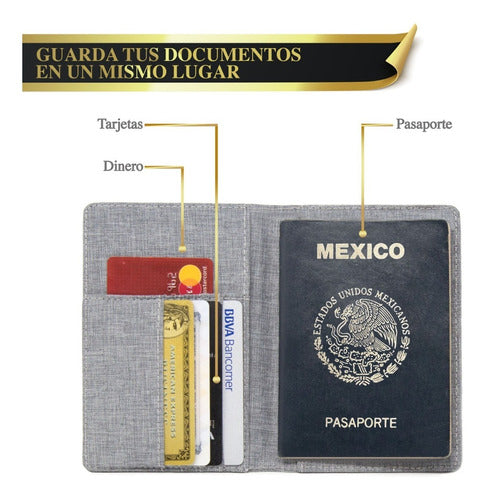 Porta Pasaporte / Funda De Pasaporte Y Visa De Tela Gris